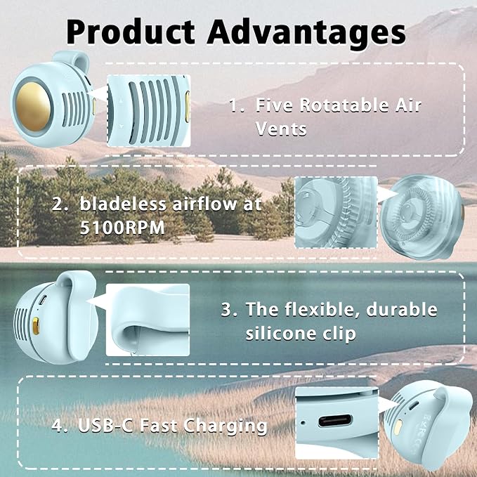 Portable Clip-On Fan, Mini USB Rechargeable 360° Rotatable Fan, Personal Fan 3-Speed Silent Mini Bladeless Fans (1pack（Blue)