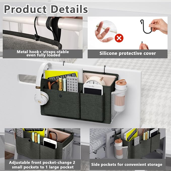 Bedside Caddy Bedside Storage Hanging Organizer for Bunk Dorm Bed Rail | Bed Caddy with Hooks, Top Bunks and Dorm Essentials for Water, Tissues, Tablets, Books, Phones, Remotes and Other Necessories