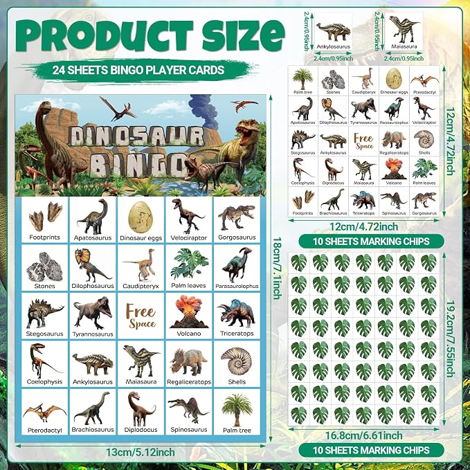 Liliful 35 Pcs Dinosaur Bingo Games 24 Player Jungle Dino Bingo Cards for Classroom Activities Holiday Dinosaur Birthday Party Favors Supplies