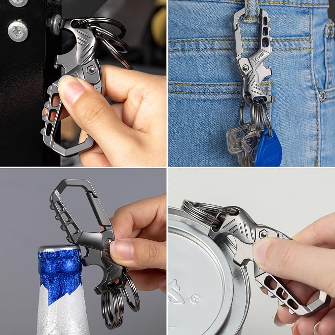 Kivssi Heavy duty metal keychains, Carabiner clip Car key chains,Fashion family keychain bottle opener and 3 Key Rings suitable for men and women.(Black+Gold)