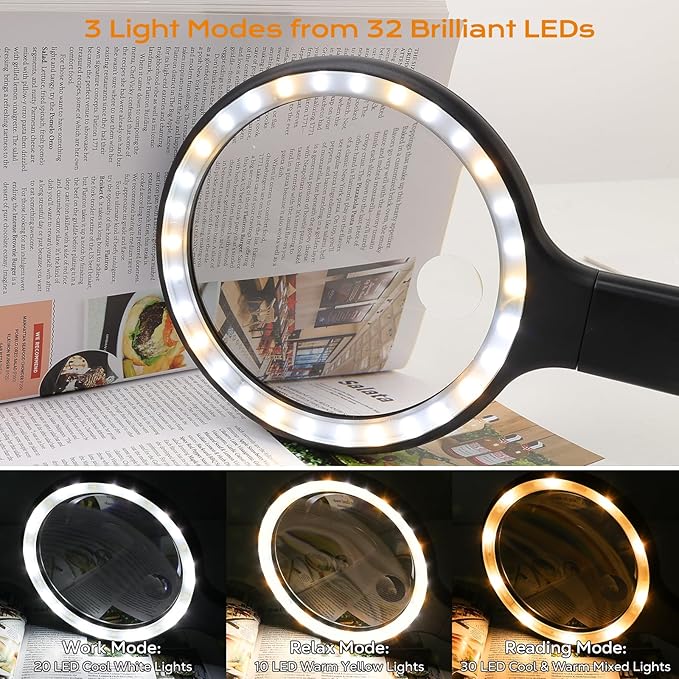 Hands Free & Handheld 10X/5X Magnifying Glass, Rechargeable 30 LED with 3 Light Modes for Seniors with Low Vision, Reading, Crafting (Black)