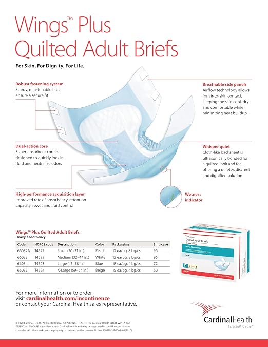 Cardinal Health™ Quilted Adult Briefs, Wings™ Plus, Heavy Absorbency, Size Large, Unisex Adult Briefs, Disposable Incontinence Diapers with Refastenable Tabs – Case of 4 Bags of 18 Briefs (72 Total)