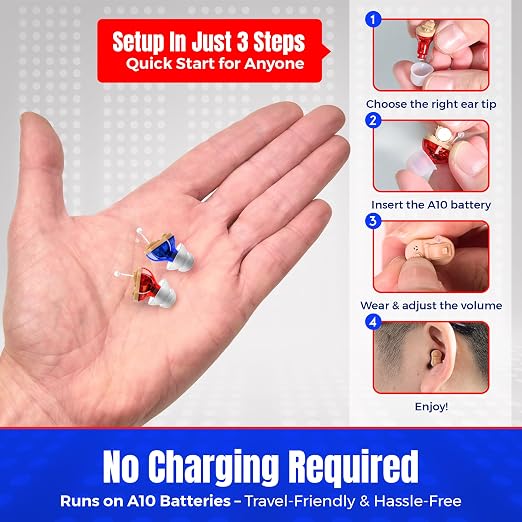 Premium Digital Hearing Aids for Seniors - Invisible in Canal (CIC) In-Ear Mini Sound Enhancer Set, Near-Invisible, Noise Cancelling, Personal Sound Hearing Amplifier - Pair - MZ-21