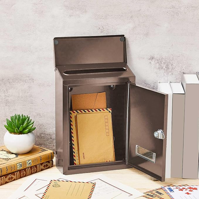 Amylove Weatherproof Mail Boxes with Key Lock, Security Locking Wall Mount Metal Mailbox with Slot for Outside, Large Capacity for Mail, Packages, Donations, Voting 11.8 H x 8.3 L x 2.8 W, Brown