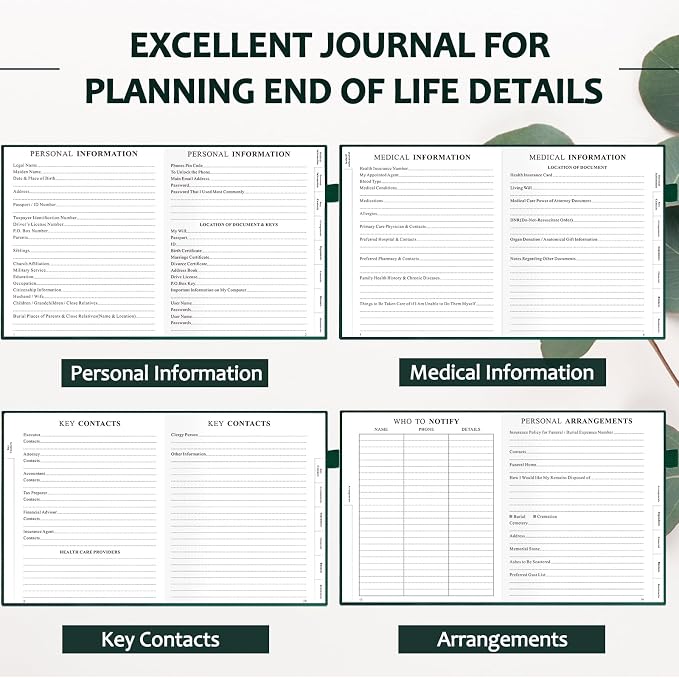 End of Life Planner, Guided Estate Planning Organizer with Tabs, Last Wish, Will Preparation, Funeral Planning, Final Arrangements Notebook for Beneficiary, in Case of Death Organizer -Dark Green