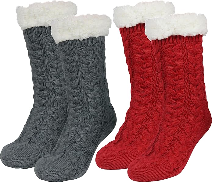 Slipper Socks for Women with Gripper - Winter Non Slip Thick Fuzzy Socks - Warm Cozy Christmas Gift