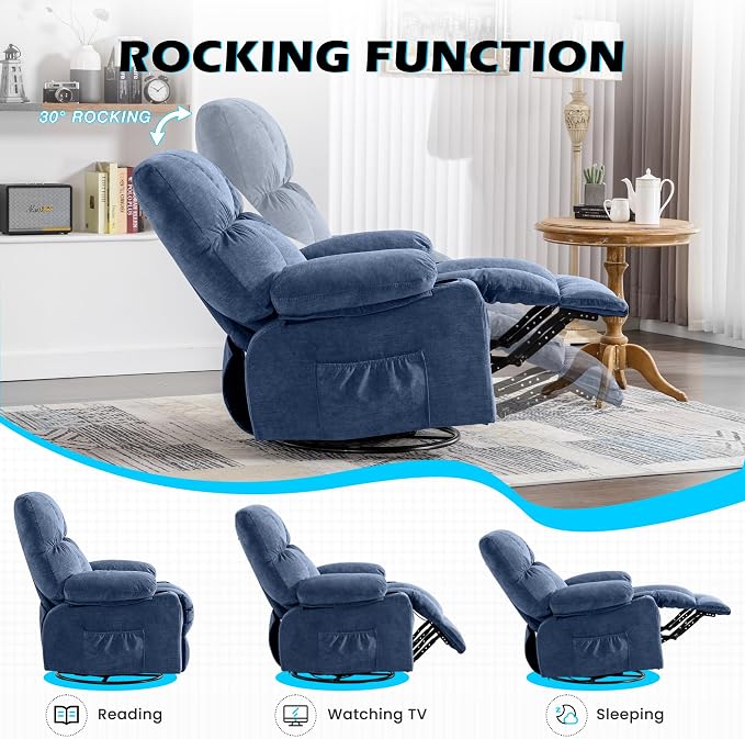 MAHOMICO Oversized Recliner Chair with Massage and Heat, 360° Swivel Rocker | Fabric swivel rocker recliner with ergonomic support, USB charging, cup holders and side pocket for living room