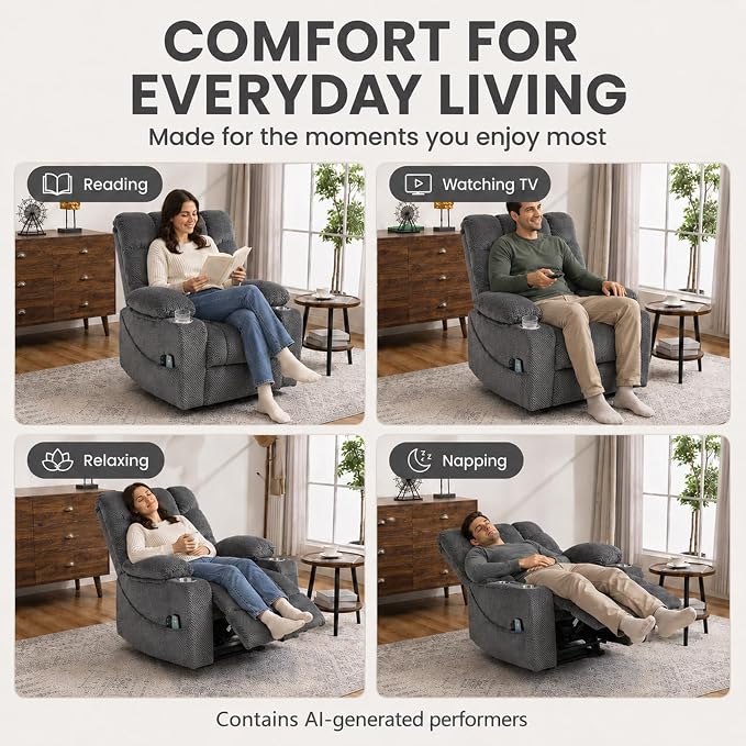 Ultra Wide Power Lift Recliner Chair for Elderly,Rotating Lounge Chair with Hot Massage Heating and Auxiliary Standing Function,Oversized Lazyboy Single Sofa with Cup Holder for Living Room (Grey)