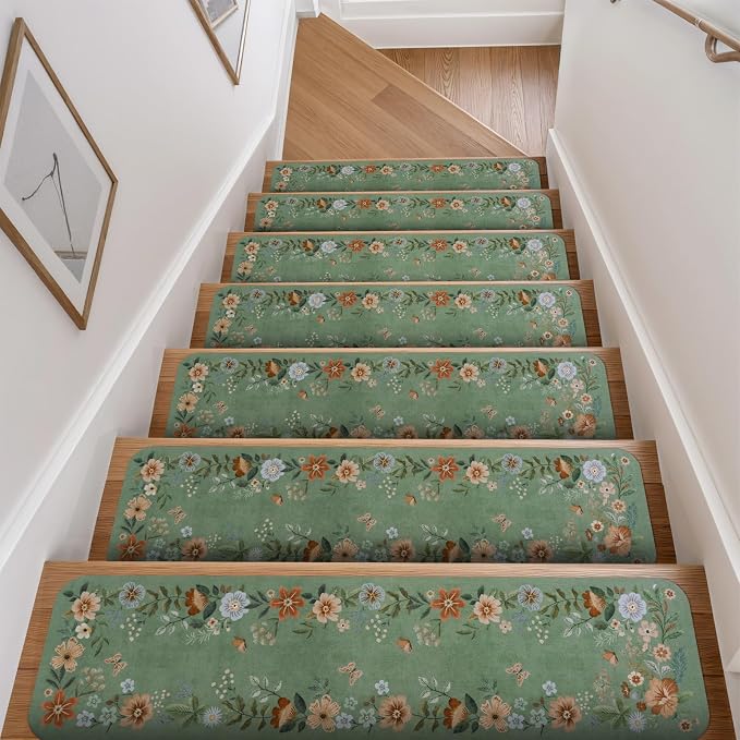 OJIA Green Stair Treads Non-Slip Stair Runner for Wooden Steps 15PC 30"x8" | Indoor Stair Mats Carpet Stair Treads Staircase Step Treads for Kids, Elders and Dogs, Floral Stair Covers