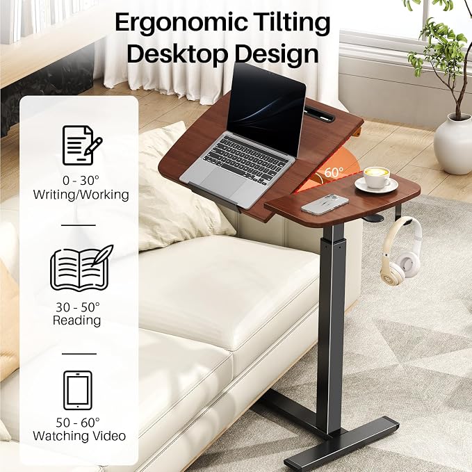 Overbed Table with Wheels, Pneumatic Height and Tilting Desktop | Top Tilts 0-60° with Anti-Slip Stops, Hook, Capacity 66 lbs, 1.18 in Low-Profile Base Slides Easily Under Beds and Sofa