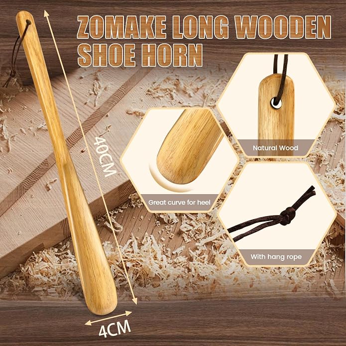 ZOMAKE Wooden Shoe Horn Long Handle for Men Women 15.7" 13.8" | Long Shoehorn Boot Horn for Seniors, Sturdy Wooden, Shoes Protection, No Bend Over, Easy Shoe Wear for Home Office Use