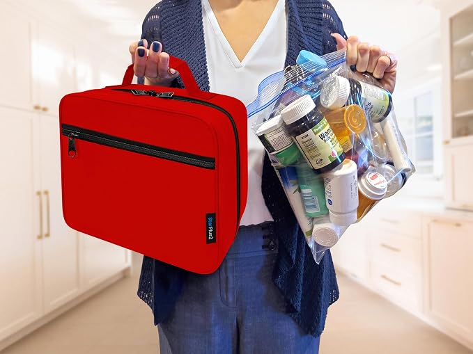 Large Medicine Organizer Bag – 10 Pocket Pill Bottle Organizer for Travel & Home Storage, Red