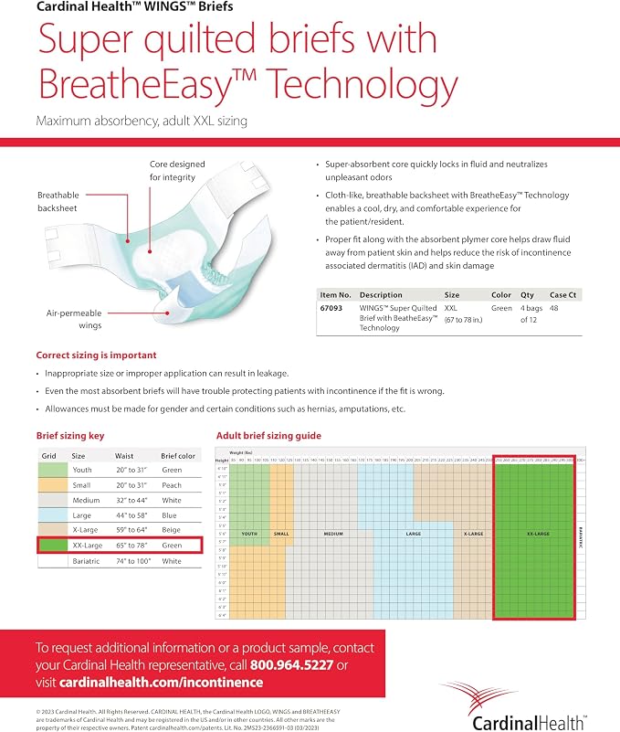 Cardinal Health™ Quilted Adult Briefs, Wings™ Super with BreatheEasy™ Technology, Maximum Absorbency, XX-Large - Case of 48