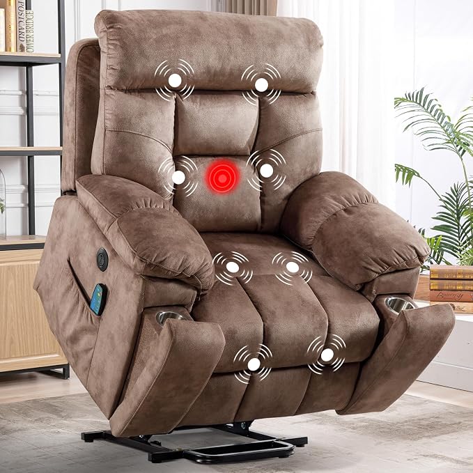 Large Power Lift Recliner Chair with Massage and Heat for Elderly Big and Tall People, Overstuffed Wide Recliners with 2 Cup Holders, Side Pocket and USB Port, Camel