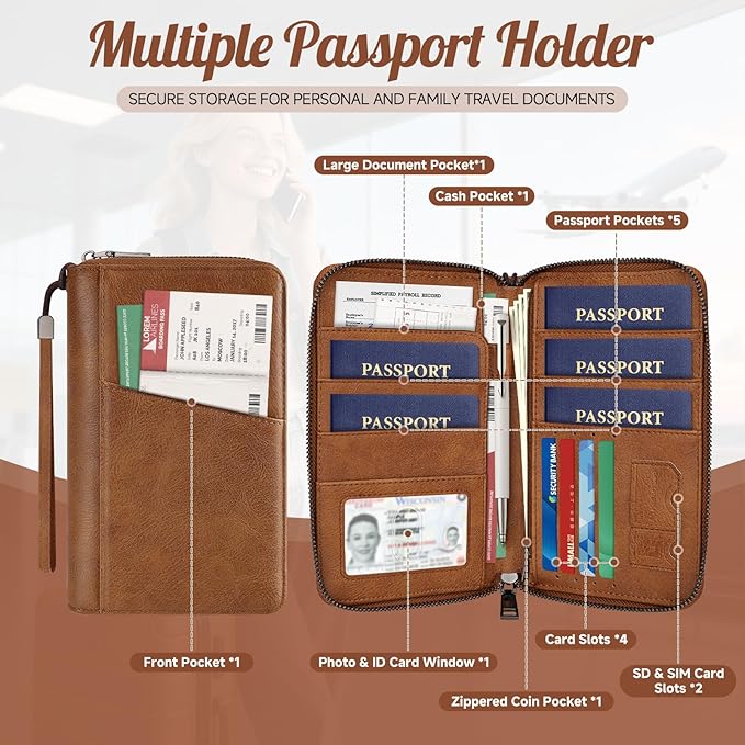 Likesing Family Passport Holder for 5, RFID Multiple Passport Holder(Black) | Leather RFID Blocking Travel Passport Wallet with Zipper, Travel Document Organizer with Wrist Strap Card Slots for Women Men