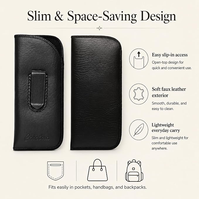 Calabria Slim Eye Glasses Case w/Clip Soft PU Leather Black Men Women Eyeglasses Pouch Slip-In Eyewear Holder Sunglass Bag - 50PACK