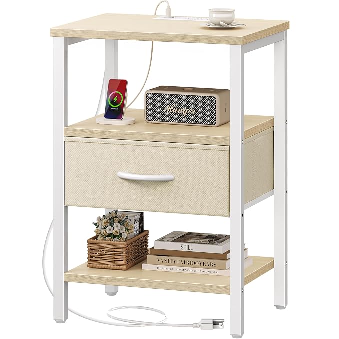 SUPERJARE Nightstand with Charging Station, USB-C Port, Bedside Table | Night Stand for Bedroom, with Adjustable Fabric Drawer, 3-Tier Storage End Table, for Living Room, White Maple