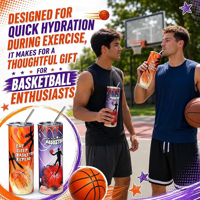 Geiserailie 2 Pack Basketball Tumbler Cups Gifts 20 oz Insulated Stainless Steel Sports Travel Mug with Lids Straws for Christmas Father's Day Men Dad Basketball Lovers Fans