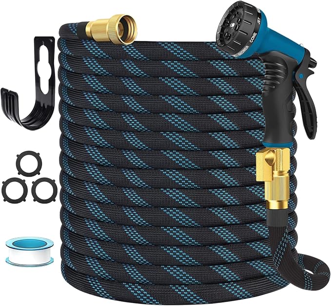 Garden Hose Non-Expandable 25 ft, Lightweight Flexible Water Hose with 10 Function Spray Nozzle, Outdoor Leak Proof, Kink-Free, Portable Hose for Yard, Lawn, Camper, High-Density Fabric, Black Blue