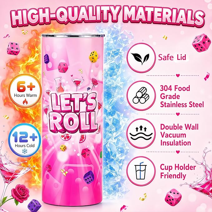 Geiserailie 2 Pack Bunco Party Supplies Stainless Steel Tumbler 20oz Bunco Game Lets Roll Dice Cups Reusable Insulated Cup with Lid and Straws for Players Bachelorette Buncos Game Night Party Gifts