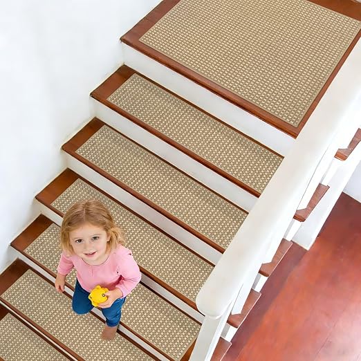 DEXDE Stair Treads for Wooden Steps 7-Pack Non-Slip Indoor, 9" x 30" Beige | Chenille & Linen Blend Carpet Stair Runners Backing, Soft Self-Adhesive Washable Stairway Step Covers for Kids Elders Dogs