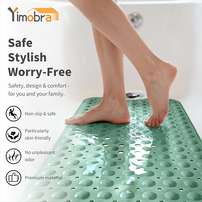 Yimobra Non Slip Bathtub Mat 40 x 16 Inch, Extra Long Shower Mat with Drain Holes, Machine Washable Baby Bath Mats, Strong Suction Cups for Bathroom Floor, Green
