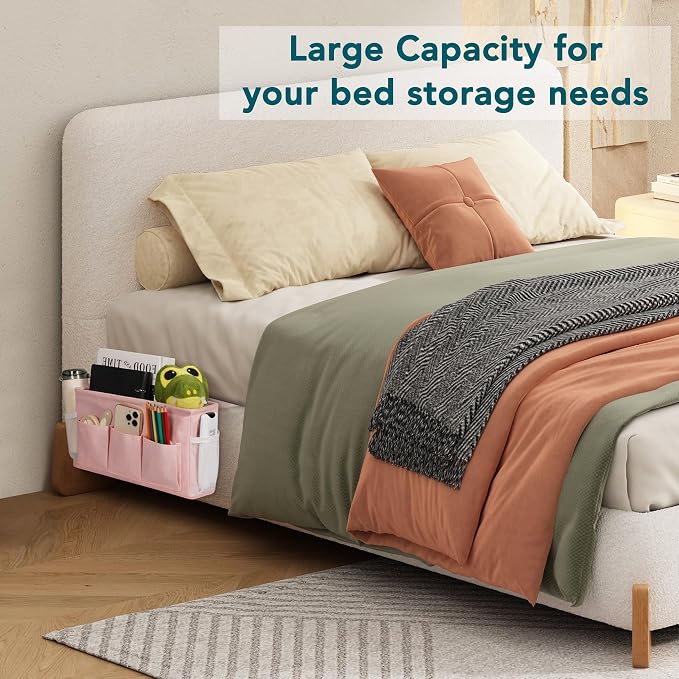 Bedside Caddy Storage Organizer for Bed Rails, Bed Caddy with 6 Pockets | Bedside Organizer with Fixed Straps and Hooks, Mattress Supported Versatile for Home, Dorm, Bunk, Hospital and Crib Bed