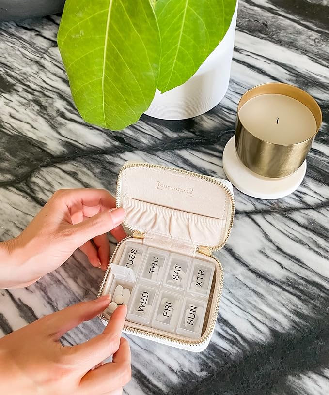 Weekly Travel Pill Organizer - Vegan Leather Pill Case with Removable 7 Day Pill Box, Travel Medicine Organizer for Medicine, Vitamin, Supplement (White)