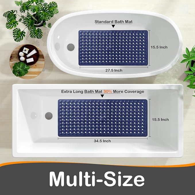 Yimobra Bathtub Mat Non Slip, 34.5"X15.5" Long Shower Mat for Inside Shower, Machine Washable Bath Mat with Drain Holes & Strong Suction Cups, Soft on Feet, Bathroom Essentials, Dark Blue