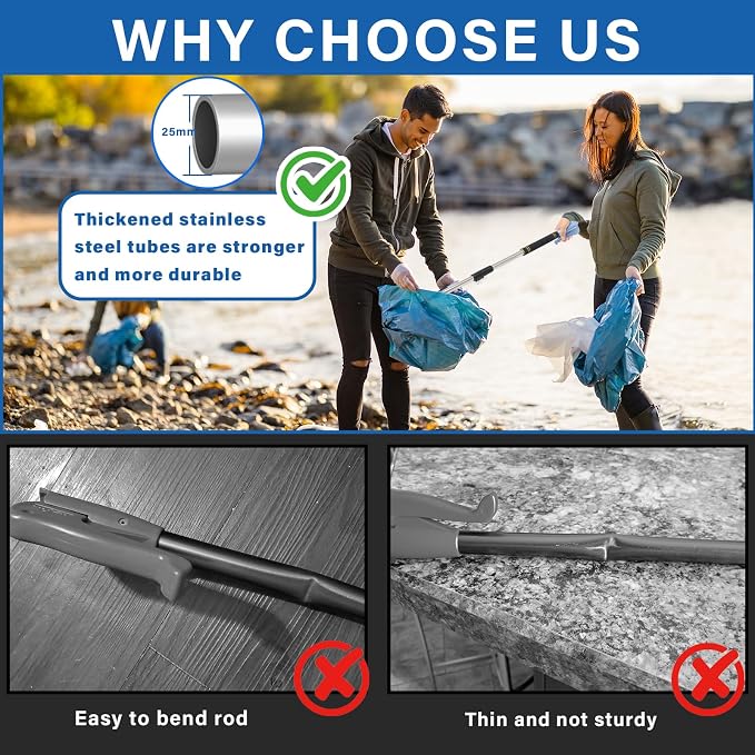 Trash Picker Upper Grabber Heavy Duty, 38" Grabber Reacher Tool Heavy Duty for Yard Work Trash Picker Outdoor Stainless Steel Metal Extra Long Foldable Sturdy and Durable (38 inches)