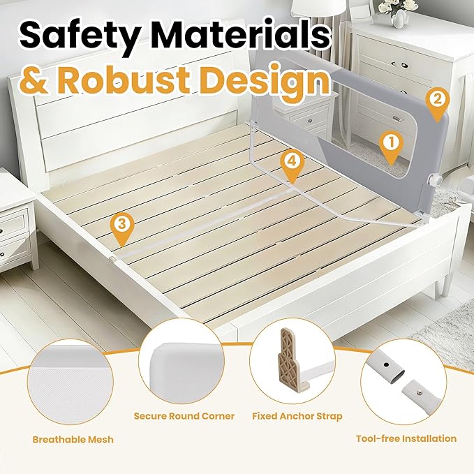Foldable Bed Rail, 57in Reinforced Carbon Steel Frame & Connectors, Breathable Cationic Fabric - Safety Bed Rail Fits Queen, King, Twin, Full, No-Tool Easy Setup
