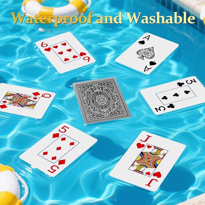 Plastic Playing Cards Waterproof Cards, Deck of Cards, Large Print Playing Cards for Adults Seniors, Premium Poker Card for Blackjack, Euchre, Canasta, Go Fish Card Games (Silver)