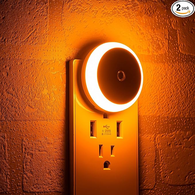 Amber Night Light Plug in, Dusk to Dawn Sensor, Blue Light Blocking, Automatic Nightlight, Energy Efficient, 2 Pack LED Night Lights Plug into Wall, for Bathroom, Bedroom, Kitchen, Hallway, Stairway