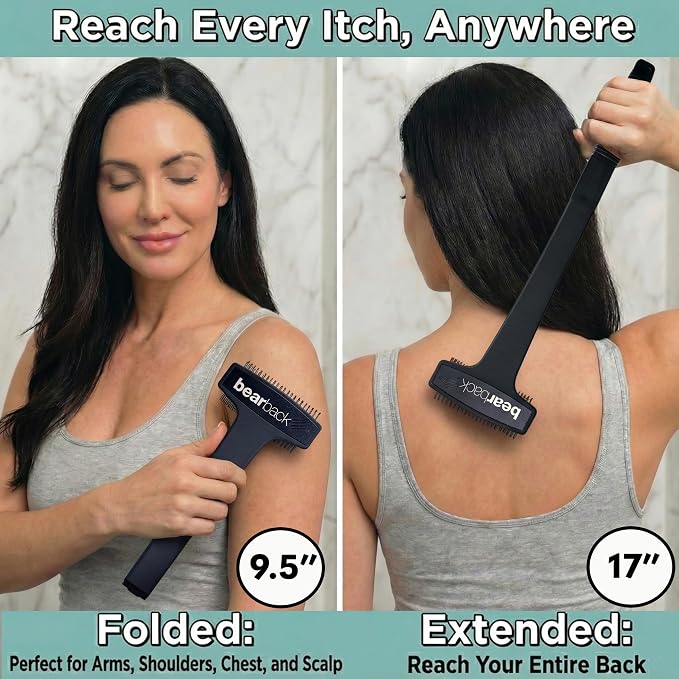 Back Scratcher for Men & Women - Long Reach Folding Handle, Skin-Safe Bristles - Extendable, Portable, Easy to Clean - Designed by a USA Small Business