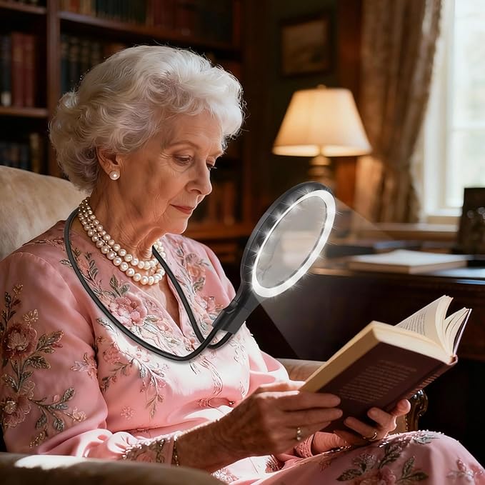 Hands-Free Neckband Magnifier & Magnifying Glass with Light for Seniors – Rechargeable 5X/10X Large 5.3" Lens for Close Work, Reading, Sewing, Cross-Stitching, Crafts