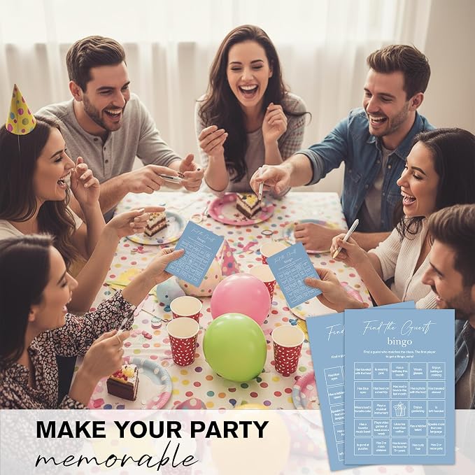 Find The Guest Bingo Cards – 25 Unique Cards, Icebreaker Party Games for Adults, Rustic Blue Mingle Activity for Birthday Parties, Family Reunions, Office Events & Friendsgiving
