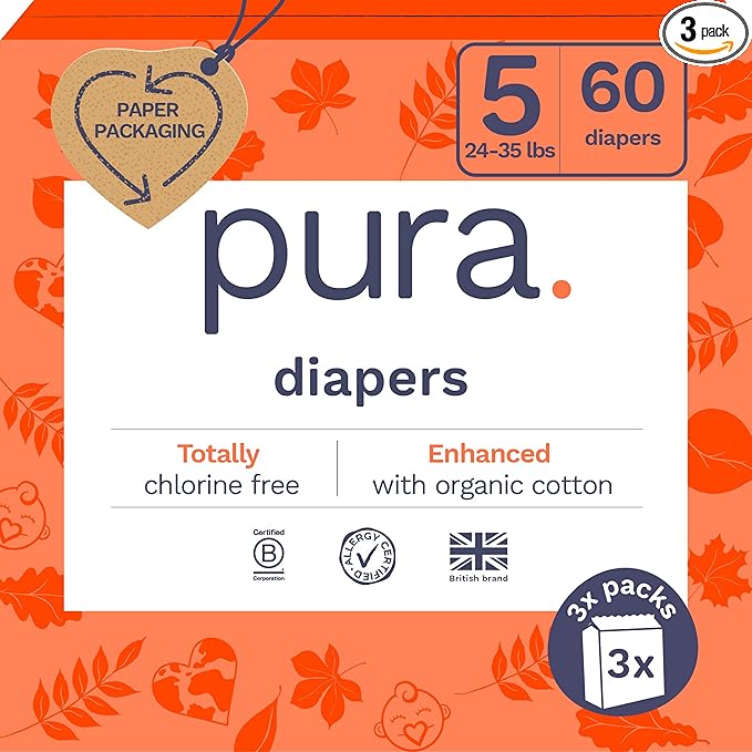 Pura Size 5 Eco-Friendly Diapers (24-35 lbs) Totally Chlorine Free (TCF) Hypoallergenic, Soft Organic Cotton, up to 12 Hours Leak Protection, Allergy UK, 3 Packs of 20 (60 Count)