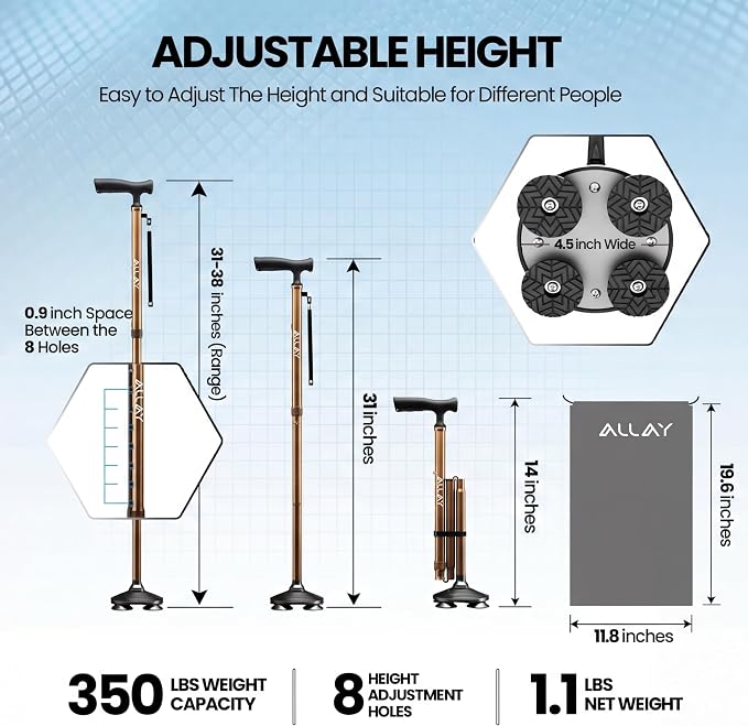 Allay Walking Canes for Men & Women - Adjustable Canes for Women for Stability, Self Standing Wide Quad Pivot Base, Light Weight, Soft Handle Grip and Travel Bag, Walking Sticks for Seniors