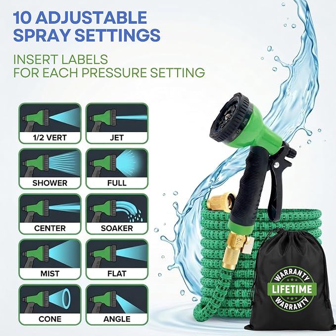 J&B XpandaHose 50ft Expandable Garden Hose, Lightweight, Brass Connectors | Ultra Strong 3750D fabric, 4-layer latex core, expands 3X, kink & leak-resistant, 10-pattern nozzle, storage bag