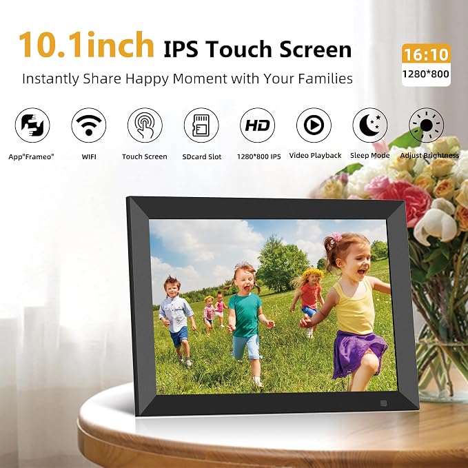 10.1 Inch WiFi Digital Photo Frame, 32GB Smart Digital Picture Frame with IPS Touch Screen, Motion Sensor, Auto-Rotate, Share Photos via Frameo App, Calendar, Ideal Gifts for Mom Grandparents