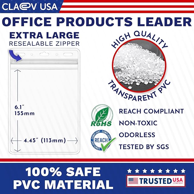 Claev - Vertical 4x6 Passport & Card Holders - Extra Large, 100 Pack | Bulk clear waterproof ID badge holders, fits 4 x 6 insert cards with fast seal for travel, conferences, conventions & events
