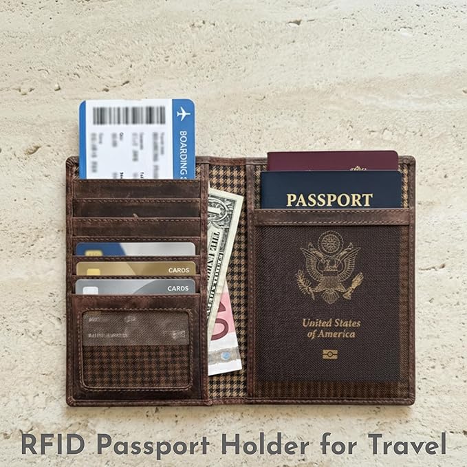 SETTINI® Leather RFID Passport Holder Wallet with AirTag Slot for Travel | hidden AirTag slot, RFID blocking, leather, passport + card slots, travel gift