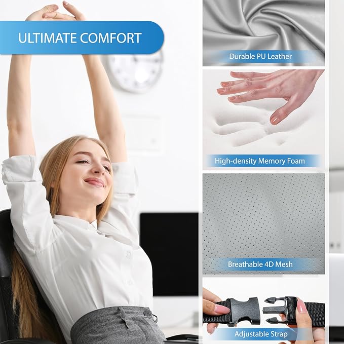 Lofty Aim Lumbar Support Pillow for Car, Car Seat Back Support for Driving | Memory Foam Car Lumbar Support for Driving Seat, Car Back Cushion, Adjustable Straps, Lower Back Pillow, PU Leather, Gray