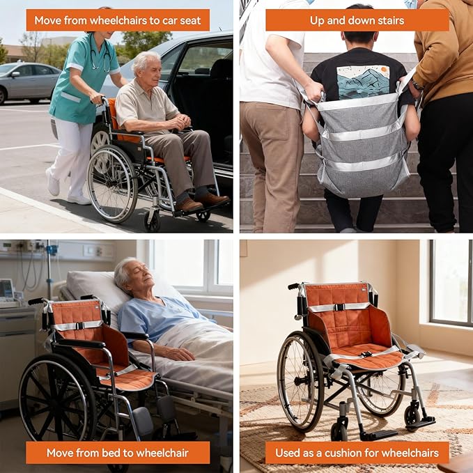 Wheelchair Transfer Pad with 8 Handles & 2 Shoulder Straps, Slide Board Transfer Belt for Lifting Seniors, Elderly, Stair Lift Aid for Wheelchair to Bed or Car, Lightweight Foldable