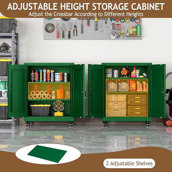 pozdeg 35" Metal Storage Cabinet with Lock and Wheels, Lockable Office File Cabinet with 2 Doors and 2 Adjustable Shelves, Rolling Steel Tool Garage Cabinets for Home Office (Green)