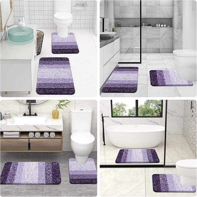 OLANLY Bathroom Rug Set 2 Piece, Soft Absorbent Microfiber Bath Mats and U-Shaped Contour Toilet Rug, Non-Slip, Machine Wash Dry, Plush Shaggy Bath Mats for Bathroom (24"x16"+U24 x20, Violet)