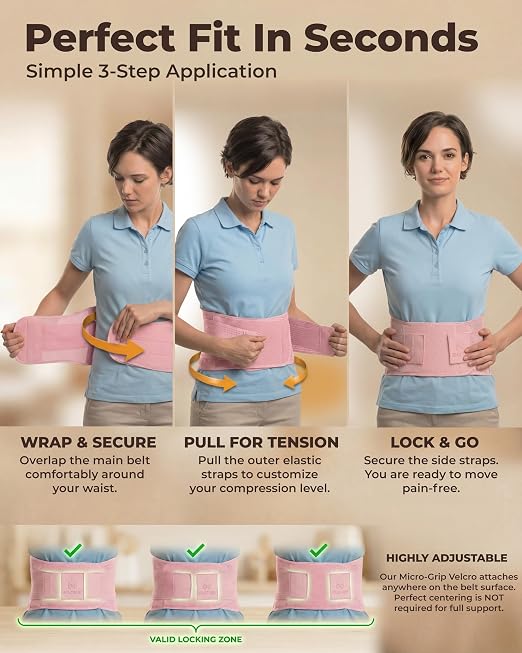 Sparthos Back Brace for Lower Back Pain - Immediate Relief from Sciatica, Herniated Disc - Lumbar Support Pad - For Home & Lifting At Work - For Men & Women - Fits 44–52″ Waist (Pink-L, Check Sizing)