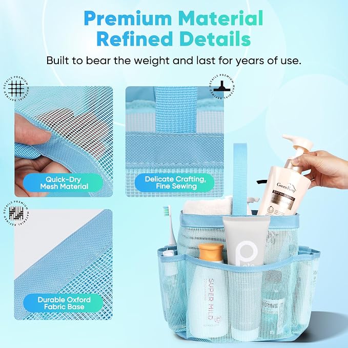 EUDELE 2 Pack Mesh Shower Caddy Portable for College Dorm Room Essentials, Shower Caddy Dorm with 8-Pocket Large Capacity,Shower Bag for Beach,Swimming,Gym All Black+All Ice Blue