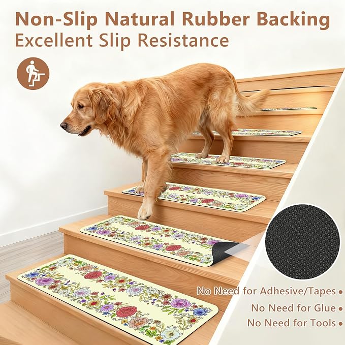 Butterfly Floral Stair Treads Non-Slip Stair Carpet for Wooden Steps 15PCS 8"X30" Stair Rugs Rubber Backing Treads Stair Mats Indoor Safety Staircase Step Treads for Elders Kids Dogs Beige