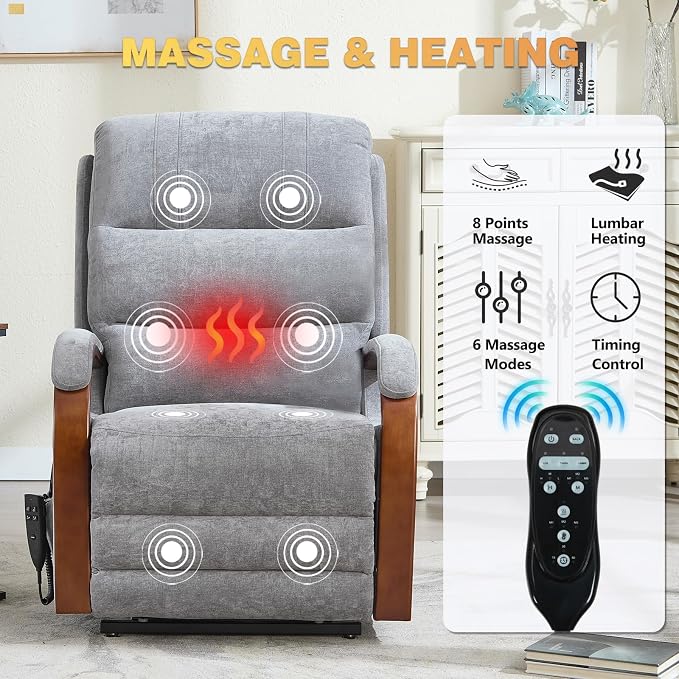 Trustyue Power Lift Recliner Chair, 180° Lay Flat Recliner, Lift Chair with Massage and Heat, Standing Assistance, Living Room Chair for Elderly People Chenille, Grey